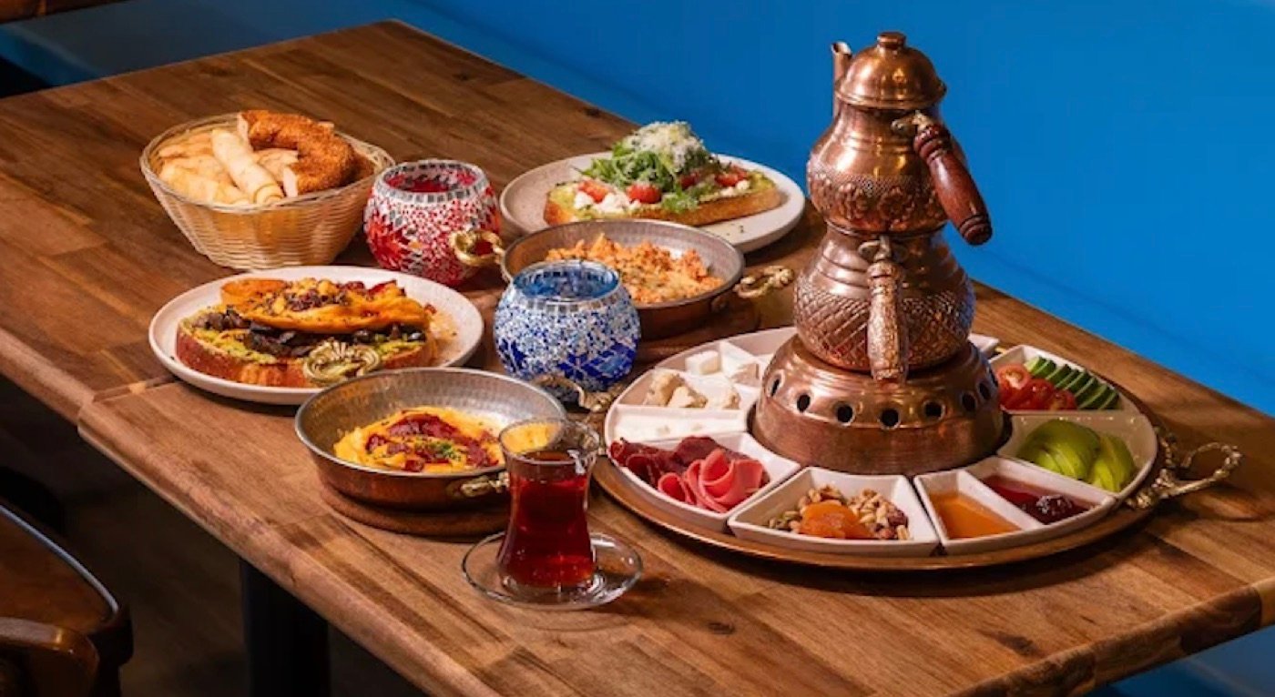 A traditional Turkish Ottoman breakfast spread at Cappadocia Cafe in Darlinghurst, the meal Turkish çay is traditionally served alongside